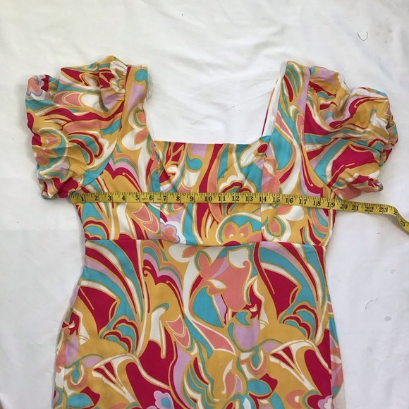 Emily Wonder Fun Elegant Puff sleeve Colorful Floral Women's Sheath Mini Dress L - Picture 7 of 9